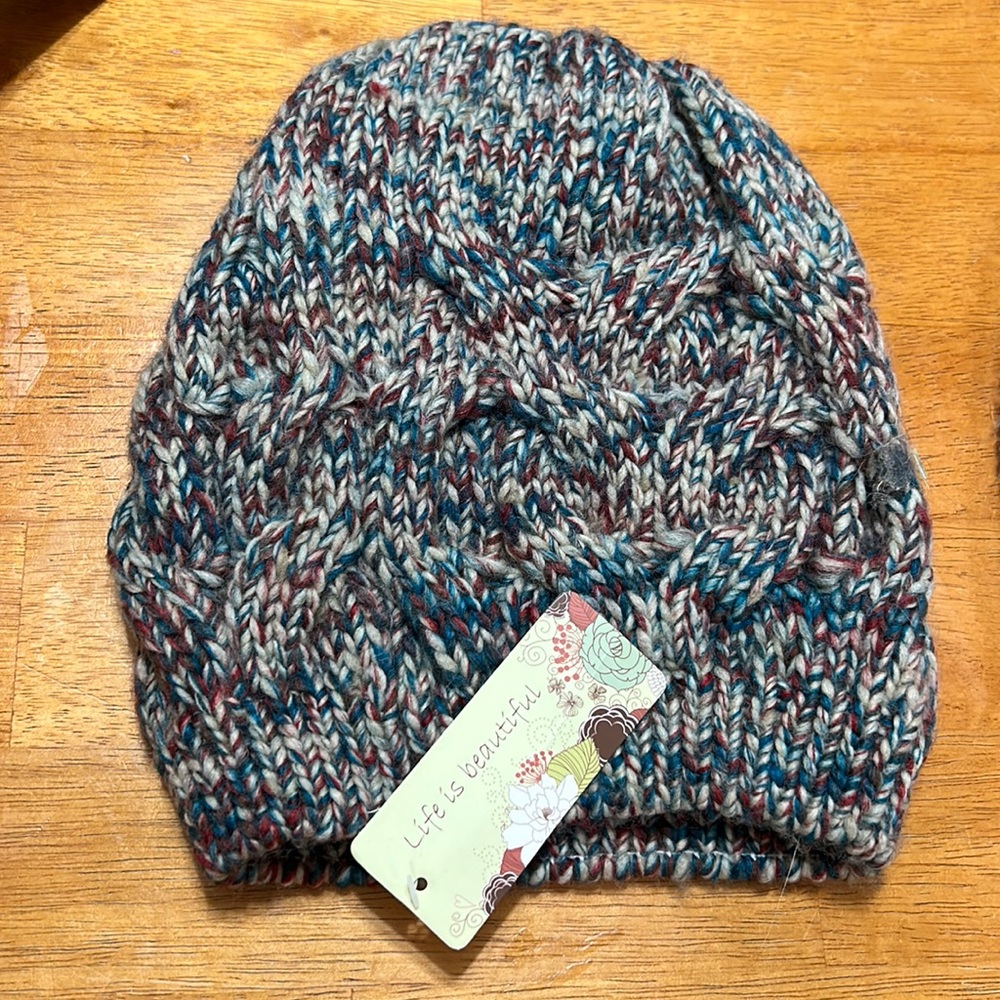 Life is Beautiful Red White Cable Knit Beanie NWT